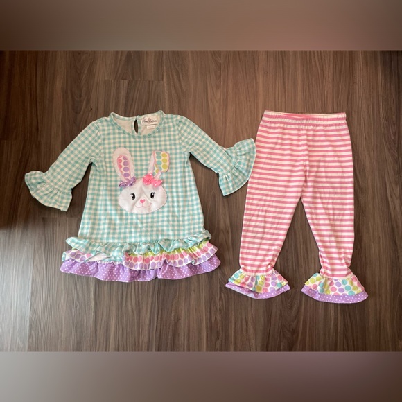 Rare Editions Girls Gingham Bunny Ruffle Set - Green and Pink size 6 - Picture 1 of 8